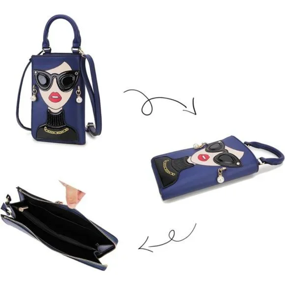 Lady Face Deep Blue Shoulder Bags Funky Vegan Leather Top Handle Satchel